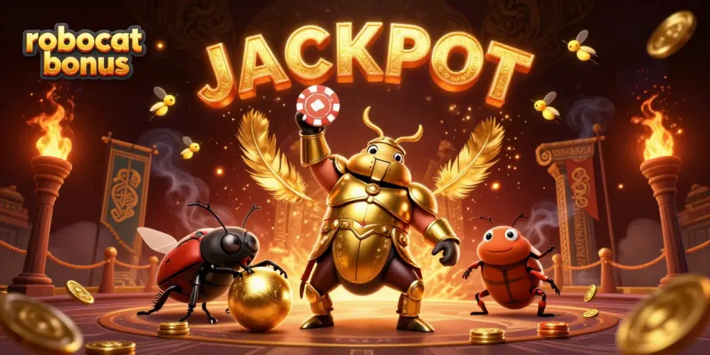 Experience thrilling wins with robocat bonus in this playful casino scene featuring unique characters.