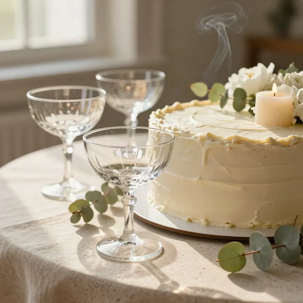 Mesa íntima de aniversario con tarta baja, copas, velas cortas y flores crema sobre travertino.