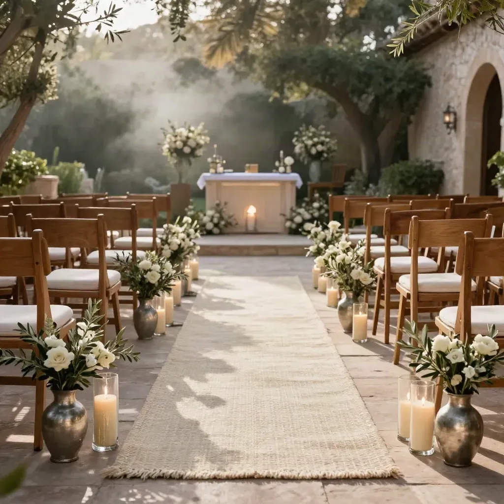 Pasillo de boda listo en una finca, con sillas de madera, flores bajas y velas cálidas.