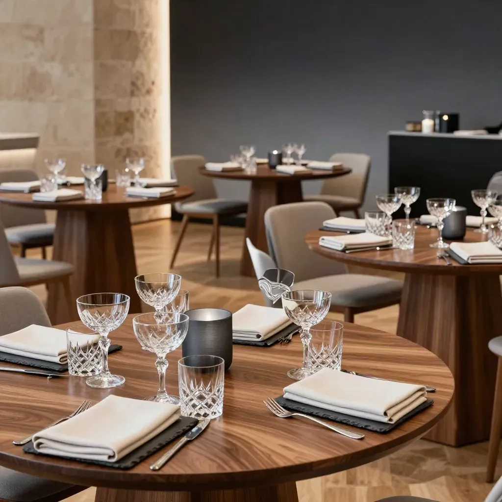 Salón corporativo con mesas altas de nogal y copas de cristal, listo para networking.