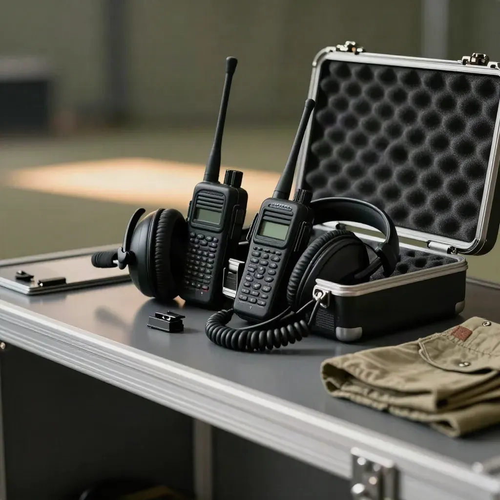 Equipo de coordinación de eventos con auriculares, walkie-talkies y repuestos en sombra.