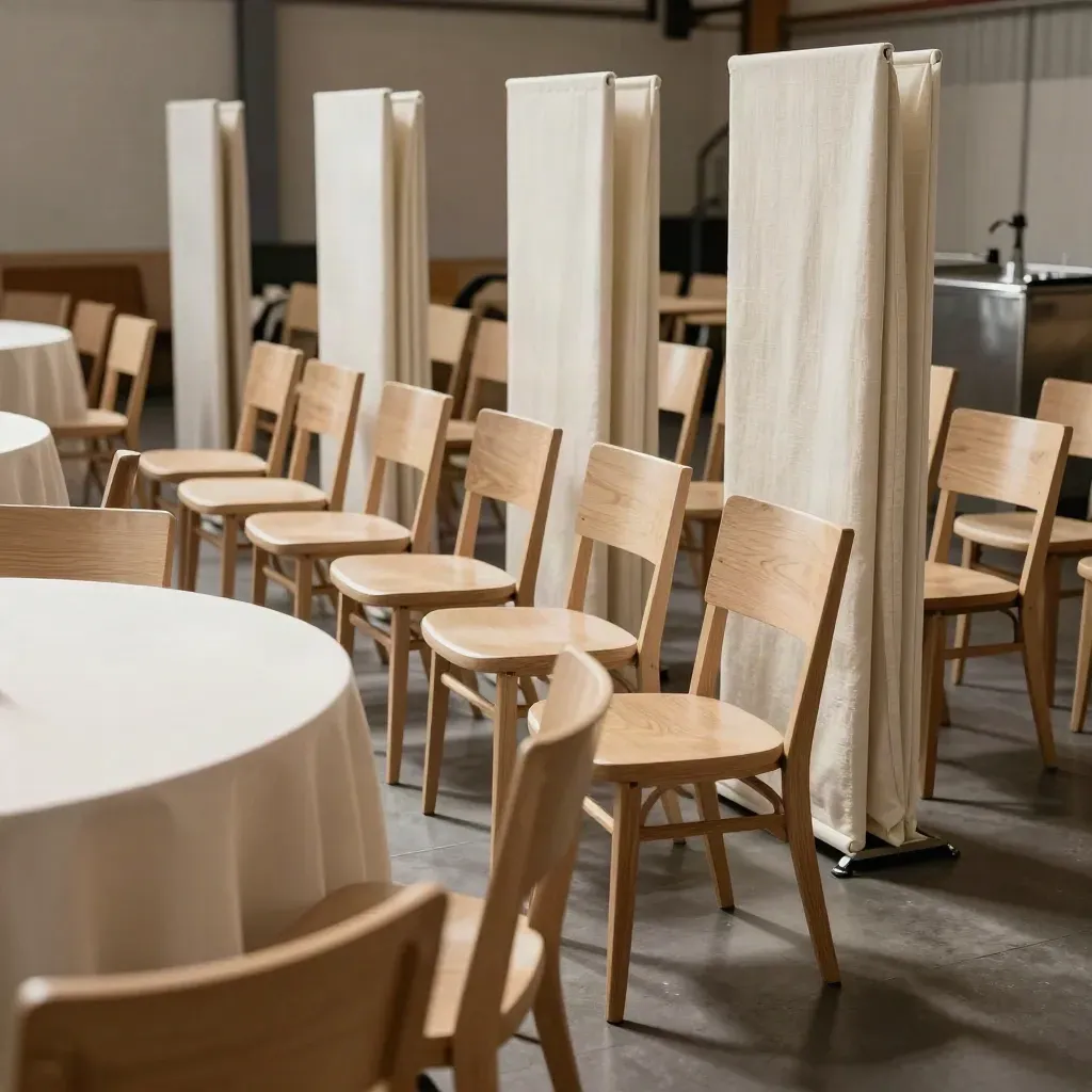 Sillas de madera clara, mesa redonda y paneles textiles marfil en un montaje elegante.