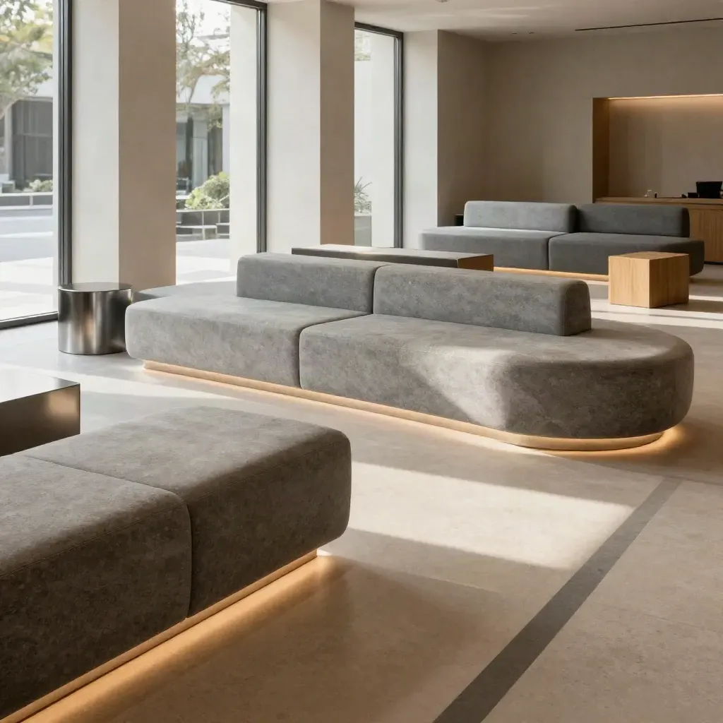 Sala showroom vacía con asientos modulares grises y recorrido curvo iluminado por ventanales.