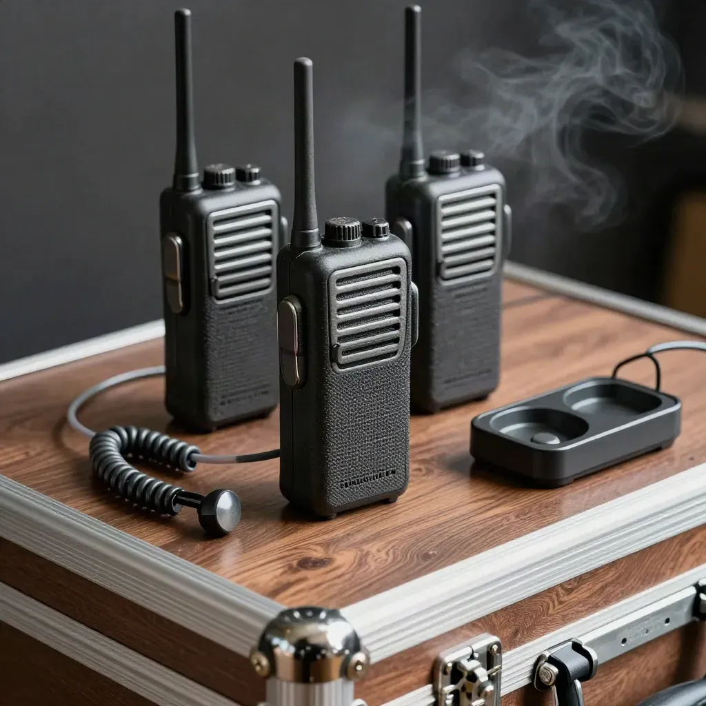 Dos radios compactas, auricular y cargador sobre un road case oscuro, en luz dramática.