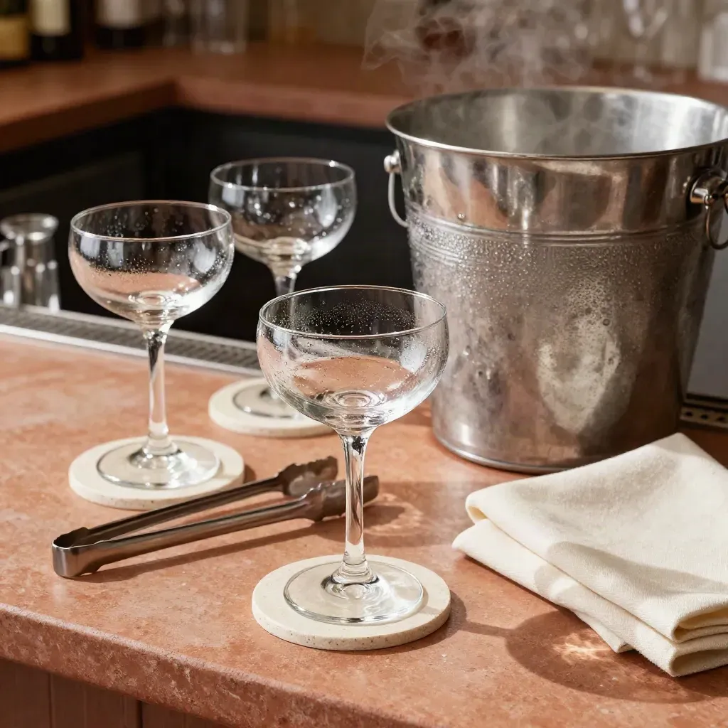 Mesa de coctelería para eventos con copas vacías, cubitera metálica, pinzas y posavasos de piedra.