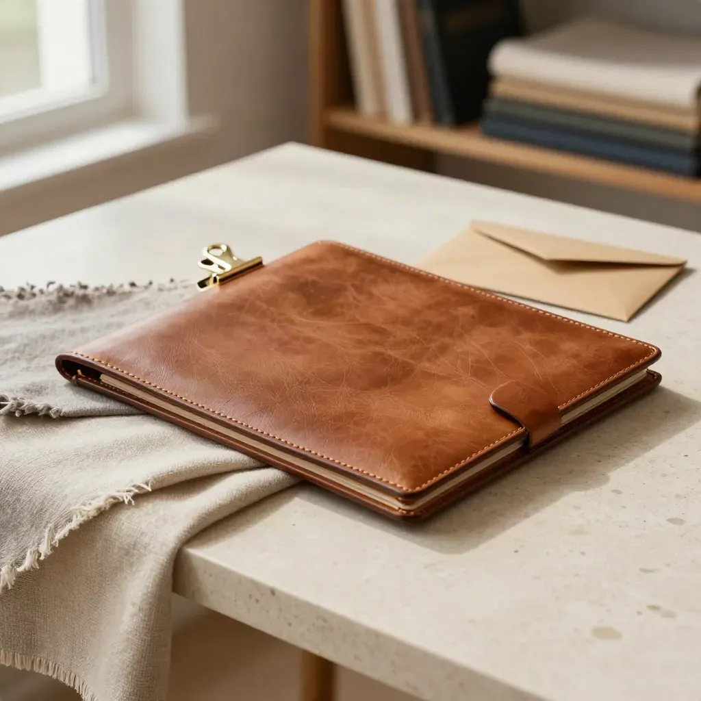 Carpeta de piel con muestras textiles, clip dorado y sobre kraft sobre travertino claro.