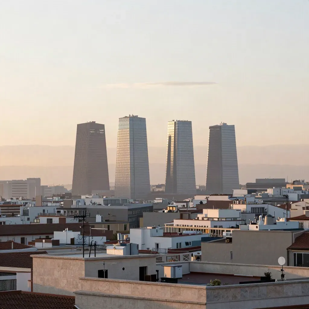 Panorámica brumosa de Madrid al amanecer con las Cuatro Torres y azoteas bajas.