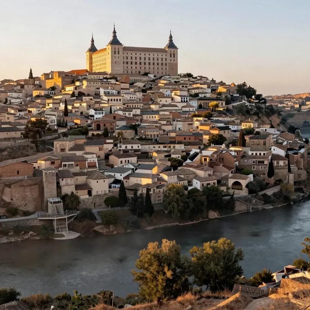 Toledo al atardecer, con el Alcázar y tejados de piedra sobre el Tajo en luz dorada.
