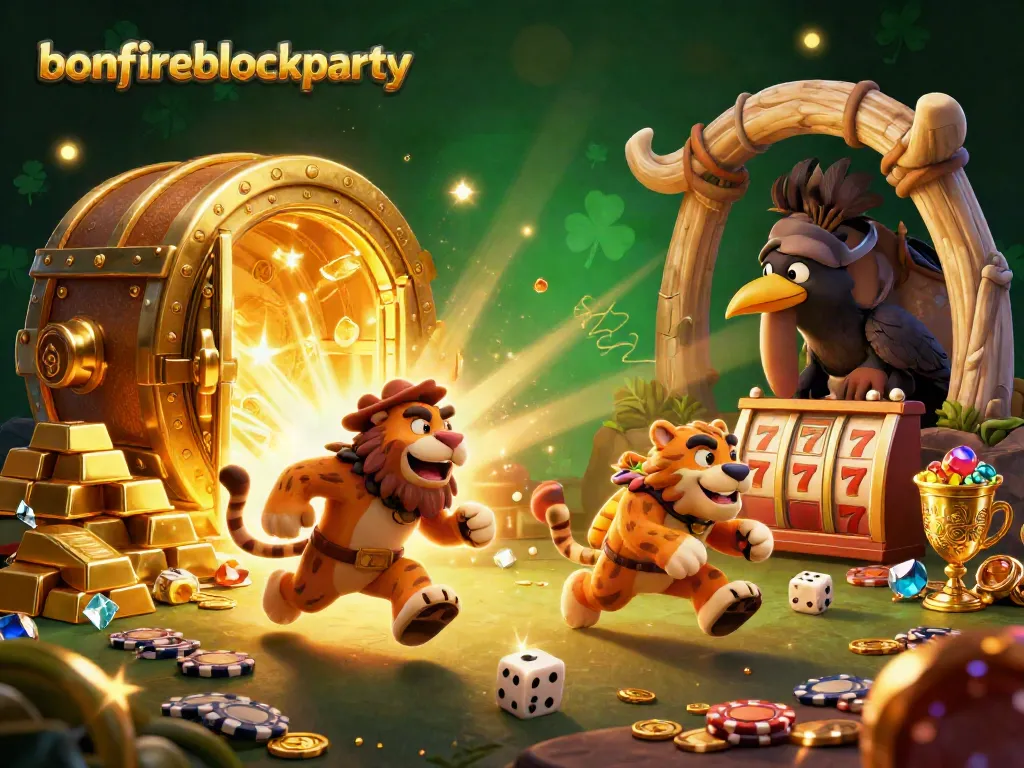 Engage in thrilling gameplay at bonfireblockparty, with a vibrant casino scene featuring iconic characters and elements.